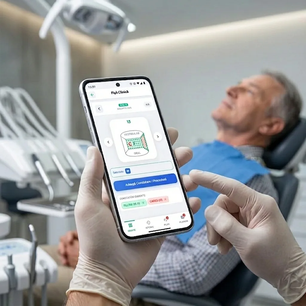 Doctor verificând fișa clinică FDI pe smartphone